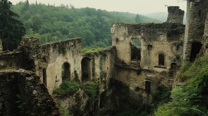 Obraz premium Ancient stone fortress ruins surrounded by lush greenery and misty hills showcasing historical architecture and nature's reclaiming beauty