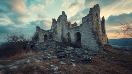 Ancient castle ruins on a rocky hillside under a dramatic cloudy sky at sunset showcasing historical architecture and natural beauty