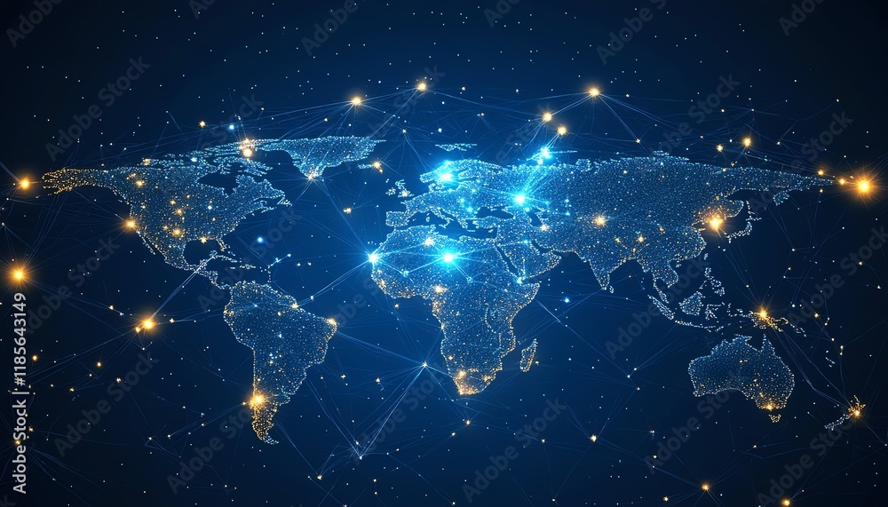 Poster A global communication network concept with interconnected business nodes and human resources collaboration across worldwide platforms