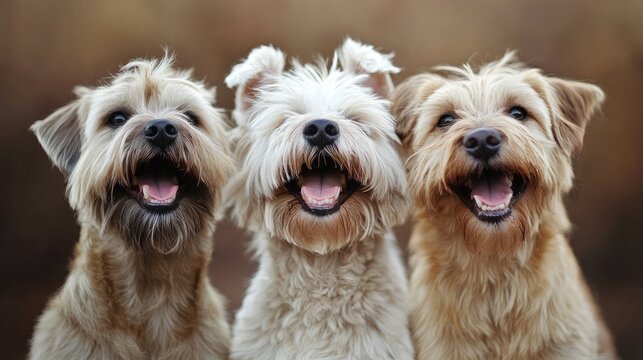 Close up portrait of three cheerful Wheaten Terriers smiling joyfully in a natural outdoor setting
