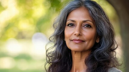 Naklejka premium Serene portrait of an elegant woman in her 50s with gray hair posed outdoors in natural light highlighting her tranquility and grace.