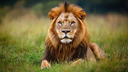 Fototapeta premium Majestic Lion Gazing Calmly in Lush Green Meadow with Soft Focus Background