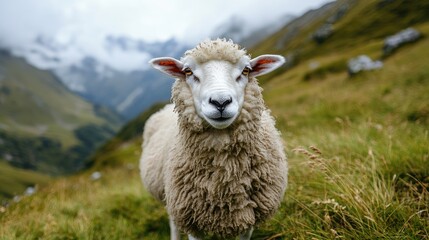 Fototapeta premium Close up portrait of a sheep in a lush mountain pasture with dramatic cloud coverage and green grass in the background