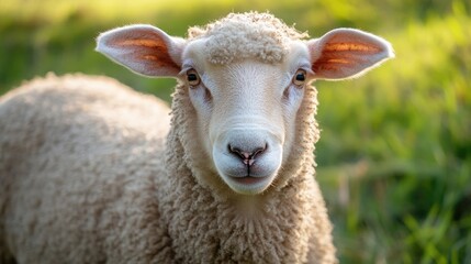 Fototapeta premium Close up portrait of a young sheep displaying soft wool and inquisitive expression in a serene farm setting