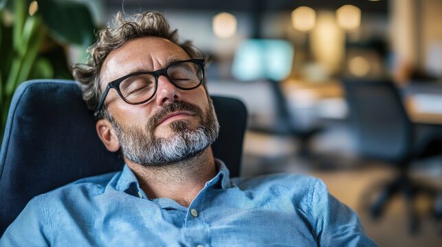 Sleepy middle aged man taking a break in the office environment enjoying a moment of relaxation and rest during the workday