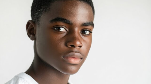 Serious young African male student portrait against a white background reflecting determination and focus in education and personal growth.