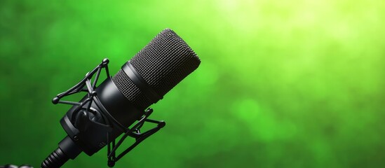 Close up of a microphone with a blurred green background suitable for music or broadcasting themes and space for text integration.
