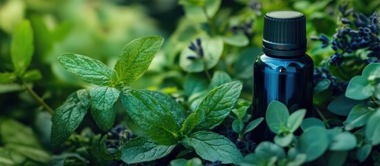 Essential oil bottle surrounded by fresh herbs promoting relaxation with ample space for text and branding.