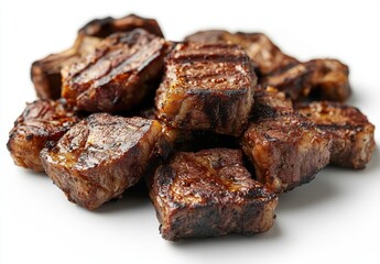 Grilled Beef Cubes Piled on White Background with Deliciously Charred Edges and Juicy Texture Perfect for Gastronomy and Culinary Related Projects