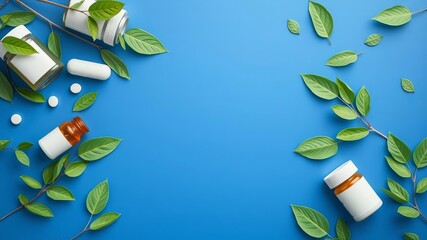 Naklejka premium Modern medicine bottles and pills in various shapes and sizes displayed against a blue background, with green leaves for a touch of freshness and health, medicine, modern, health