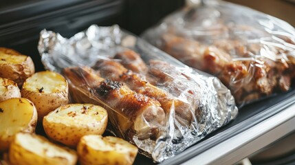 Ribs and baked potatoes wrapped in foil stored in chilled bags for meal prep or outdoor cooking