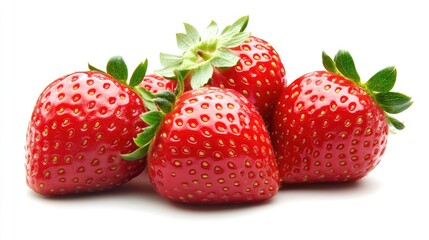 Fresh ripe strawberries clustered together on a clean white background showcasing their vibrant color and natural texture.