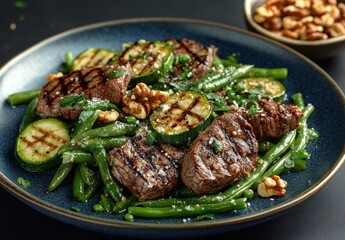 Grilled Beef Steak with Green Beans and Zucchini on Blue Plate Garnished with Walnuts and Fresh Herbs for a Deliciously Healthy Meal