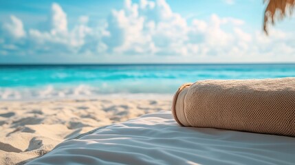 Serene beach setting featuring a closeup of a bed with soft linens and a rolled towel against a tranquil ocean backdrop and blue sky.