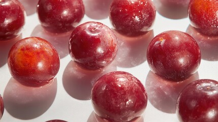 Ripe sugar plums glistening under sunlight showcasing vibrant colors and natural beauty on a white background