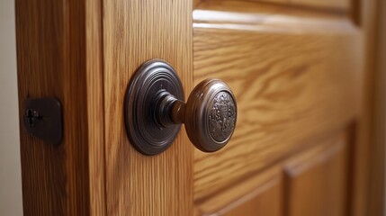 Fototapeta premium Detailed closeup of a vintage wooden door handle and lock showcasing craftsmanship and rich texture in natural wood tones.