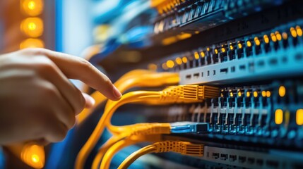 Close-up of technician's hand troubleshooting yellow network cables in server room, illuminated by warm light, showcasing cloud computing and cybersecurity connections.