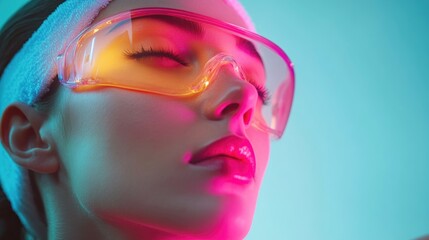 Woman with glowing skin undergoing laser resurfacing treatment in a futuristic cosmetic clinic, vibrant pink and blue lighting, close-up angle with space for text.