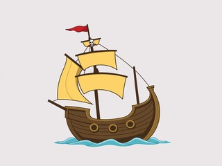 Illustration of a flat design wooden pirate ship icon with buccaneer, filibuster, corsair, sea dog elements, corsair, filibuster, ship
