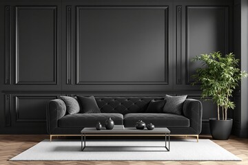 Elegant living room featuring a tufted sofa with pillows, a sleek coffee table, and a large potted plant. Dark paneled walls, cozy atmosphere, modern decor. Ai generative