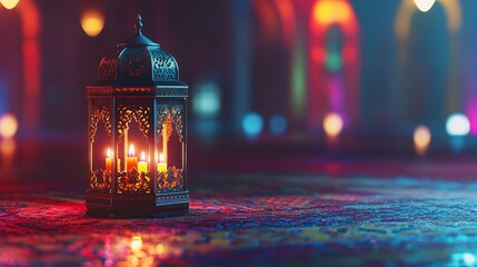 Festive lantern with candles on ornate carpet.