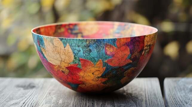 Decorative recycled paper bowl featuring vibrant decoupage design with colorful autumn leaves on a wooden surface.