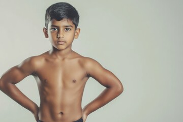 Obraz premium Young Indian boy model showcasing impressive muscular definition in a studio photoshoot against a soft gray background, ideal for fitness themes and empty copy space.