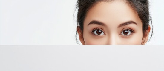 Young Asian businesswoman peering over blank white space for text in minimalistic studio setting with soft natural lighting and neutral background