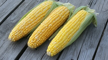 Ripe golden yellow corn cobs arranged on a rustic wooden table showcasing fresh maize kernels and natural textures