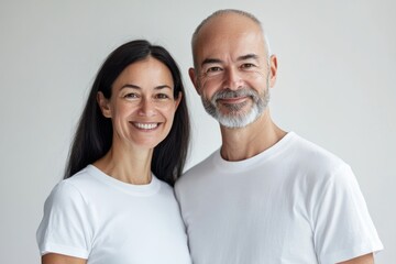 Obraz premium Joyful Couple Embracing Happiness in Soft Natural Light with Neutral Background Ideal for Text Overlay, Featuring Smiling Man and Woman in White T-Shirts