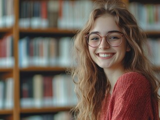 Cheerful female student with long wavy hair smiling brightly in a library setting surrounded by books, warm tones, shallow depth of field, ample copyspace for text.