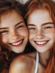 Joyful close-up of two cheerful girls with wavy brown and red hair, warm skin tones, bright smiles, perfect soft lighting, with ample empty space for text.