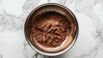 Cocoa powder in a metallic bowl on a marble surface perfect for baking and dessert recipes
