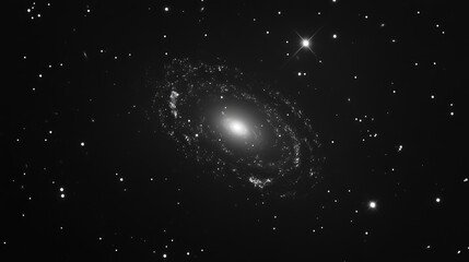 Stunning black and white capture of the NGC 4639 galaxy showcasing its intricate ring structure and surrounding stars in deep space.