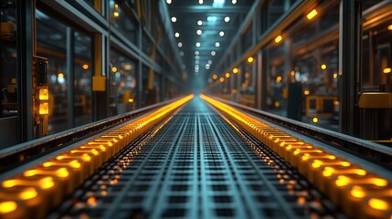 A vast industrial space with illuminated conveyor belts, suggesting a manufacturing or assembly line environment.