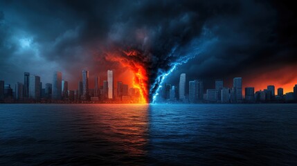 Obraz premium Stunning Cityscape with Dramatic Sky, Fiery and Icy Elements Dividing Urban Landscape at Sunset