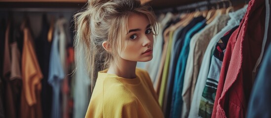 Fototapeta premium Girl in bright yellow shirt examining colorful clothes in wardrobe captured with shallow depth of field creating empty space for text.