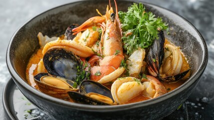 Seafood Curry with Shrimp and Clams in Coconut Milk Rustic Gourmet Dish on Wooden Table Healthy Flavorful Meal with Copy Space