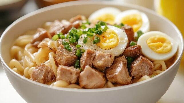 Delicious Filipino pork mami noodle soup topped with hard boiled eggs and green onions served in a white bowl for a comforting breakfast