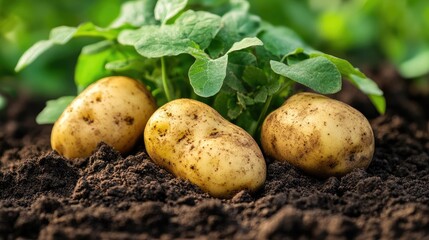 Ripe potato tubers nestled in rich garden soil surrounded by vibrant green plant leaves.