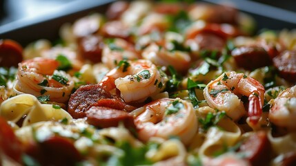 Savory Summer Chicken Shrimp Pasta with Chorizo and Sausage Garnished with Fresh Herbs