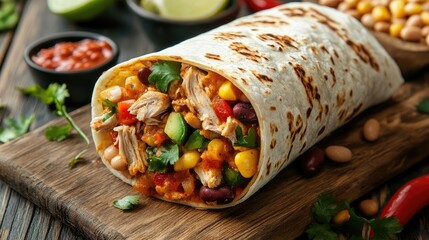 Tasty tuna burrito filled with vibrant vegetables beans and spices served on a rustic wooden board