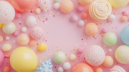 Colorful pastel celebration background with balloons and decorative elements for festive cards and party invitations top view flat lay