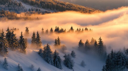 Morning fog enveloping snow-covered mountains creates a mystical landscape with soft glow and serene atmosphere amidst evergreen trees.