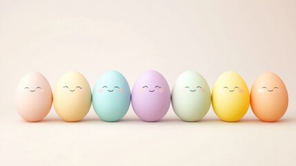 Whimsical and Colorful Cartoon Easter Eggs with Happy Faces on a Soft Background