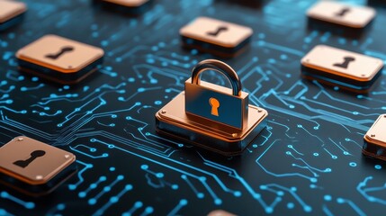 Cybersecurity lock on circuit board, protecting digital data and network security