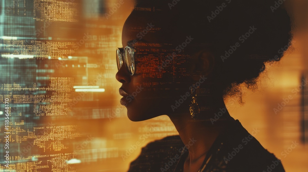 Poster young black female programmer in profile working on computer with binary code double exposure, vibra