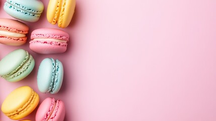 Colorful macarons in pastel shades arranged on a soft pink background with ample copy space for creative designs or marketing purposes