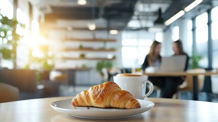 Coffee cup and croissant on wooden table with blurred office background and two female colleagues working in bright modern workspace