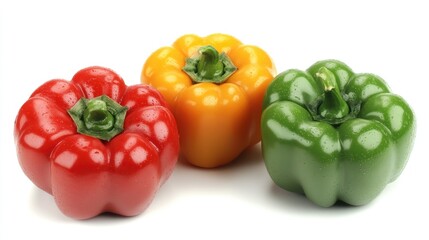 Vibrant bell peppers in red, yellow, and green showcasing fresh produce on a white background for culinary and health-related themes